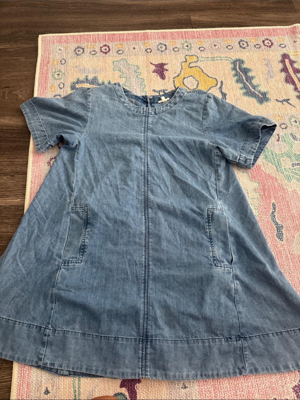 Women’s Washed Blue Denim Short-Sleeve A-Line Dress OVERSIZED with pockets